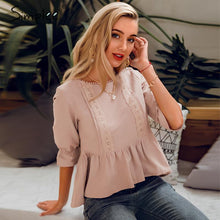 Load image into Gallery viewer, Simplee Ruffled lace embroidery women blouse shirt Elegant elastic sleeve female peplum top Summer casual ladies blouse shirt
