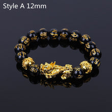 Load image into Gallery viewer, Feng Shui Black Beads Alloy Wealth Bracelet Unisex Wristband Gold Black Pixiu Wealth and Good Luck Women Men Bracelet
