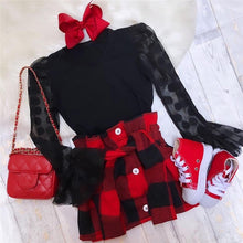 Load image into Gallery viewer, 1-6Y Fashion Children Girls Clothing Sets Autumn Kids Girls Lace Mesh Flare Sleeve T-shirts+Plaid A-line Skirts Xmas Clothes
