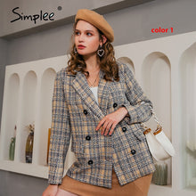 Load image into Gallery viewer, Simplee Elegant autumn winter plaid women blazer coat Causal long sleeve tweed coat short Office ladies pocket women suit blazer
