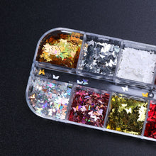 Load image into Gallery viewer, 12 Grid/Set Holographic Nail Glitter Sequins Sparkly 3D Thin Butterfly Flakes Polish Decor for Nail Art Accessories LA1558-1
