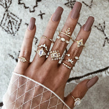 Load image into Gallery viewer, 15 Pcs/set Women Fashion Rings Hearts Fatima Hands Virgin Mary Cross Leaf Hollow Geometric Crystal Ring Set Wedding Jewelry
