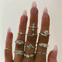 Load image into Gallery viewer, 15 Pcs/set Women Fashion Rings Hearts Fatima Hands Virgin Mary Cross Leaf Hollow Geometric Crystal Ring Set Wedding Jewelry
