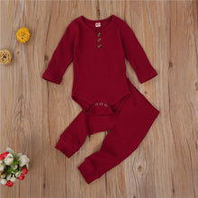 Load image into Gallery viewer, Baby Boys Girls 2PCS Outfit Button Long Sleeve Romper Jumpsuit Pants Solid Color Ribbed Autumn Winter Outfit 0-24M
