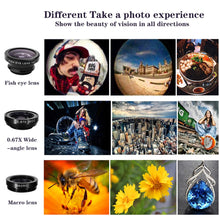 Load image into Gallery viewer, phone lens Fisheye 0.67x Wide Angle Zoom lens fish eye 6x macro lenses Camera Kits with Clip lens on the phone for smartphone
