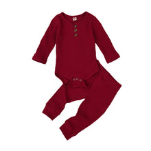 Load image into Gallery viewer, Baby Boys Girls 2PCS Outfit Button Long Sleeve Romper Jumpsuit Pants Solid Color Ribbed Autumn Winter Outfit 0-24M
