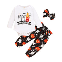 Load image into Gallery viewer, Baby Boy Girl Halloween Suit Set Pumkkin Print Round Neck Long Sleeve Baby Romper+ Trousers+ Headband 3 Pcs Outfit
