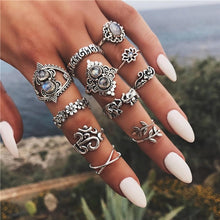 Load image into Gallery viewer, 15 Pcs/set Women Fashion Rings Hearts Fatima Hands Virgin Mary Cross Leaf Hollow Geometric Crystal Ring Set Wedding Jewelry

