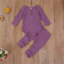 Load image into Gallery viewer, Baby Boys Girls 2PCS Outfit Button Long Sleeve Romper Jumpsuit Pants Solid Color Ribbed Autumn Winter Outfit 0-24M

