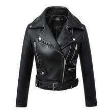 Load image into Gallery viewer, FTLZZ New Women Autumn Winter Black Faux Leather Jackets Zipper Basic Coat Turn-down Collar Motor Biker Jacket With Belt
