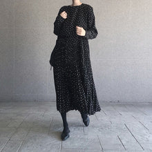 Load image into Gallery viewer, Women Dot Sprint Autumn Maxi Dress Pleated Long Sleeve Female Casual Loose  A line Ankle Length Vestidos
