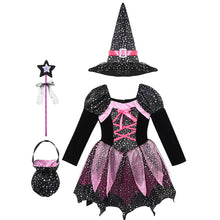 Load image into Gallery viewer, Kid Girls Halloween Witch Costume Sparkly Silver Stars Printed Carnival Cosplay Dress with Pointed Hat Wand Dress Up Clothes

