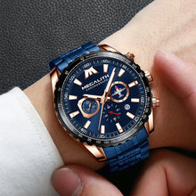 Load image into Gallery viewer, MEGALITH Sports Watches Men Aircraft Pointer Luminous Quartz Watch 30M Waterproof Blue Full Steel Military Wrist Watch With Box
